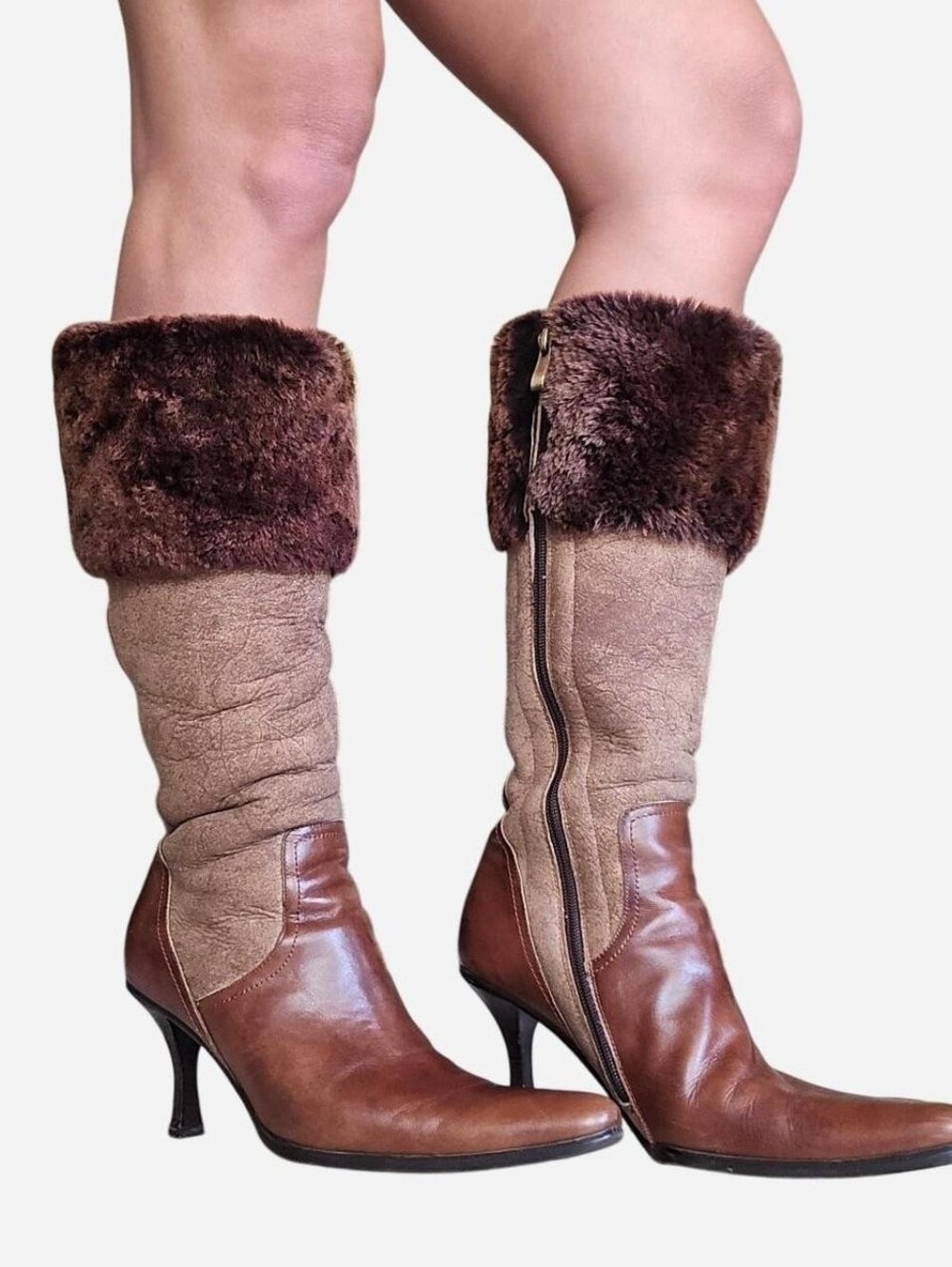 Y2K Fur Trim Lined Heeled Boots Pointed Toe Tall Knee High Brown Suede Size 8